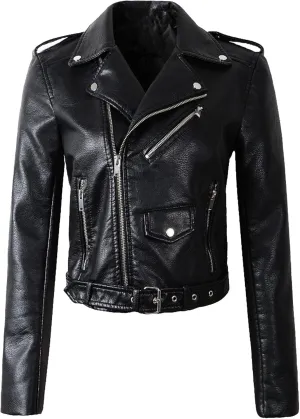 JEKE-DG Women's Washed Cropped Faux Leather Coat Slim Fit Lapel Fashion Coat Jacket Open Front Motorcycle Fall Coats