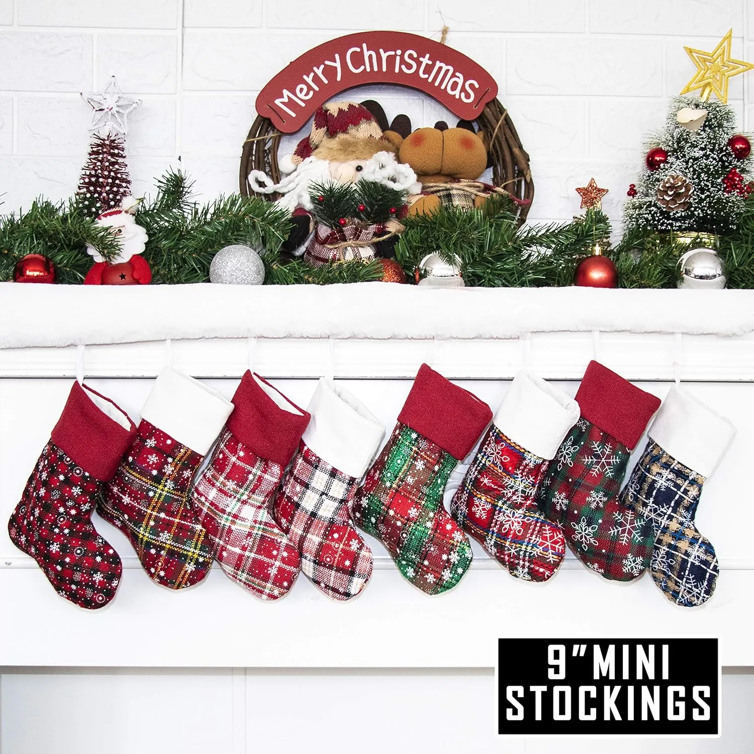 JEKOSEN 9'' Set of 8 Mini Christmas Stocking Ornament Glitter Plaid Snowflake Print Candy Gift Bag Holders for Kids, Xmas Tree, Home, Garden, Family Fireplace Decorations