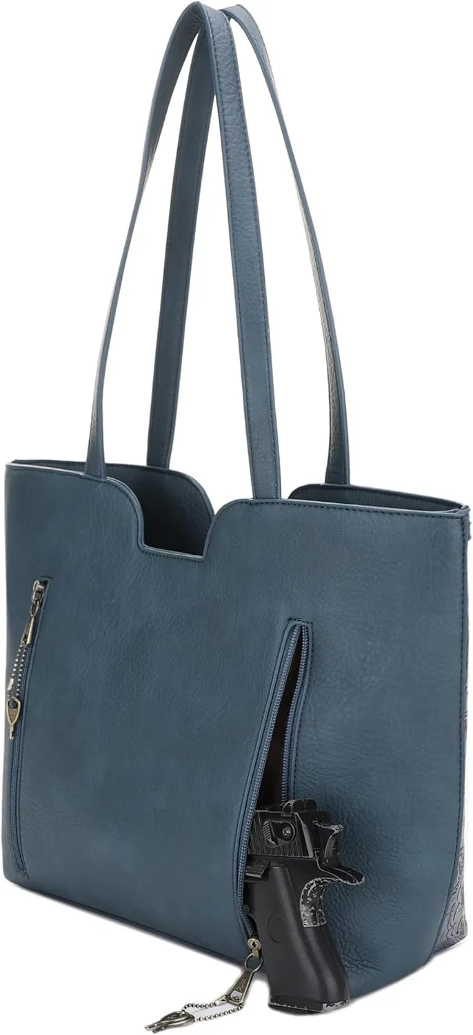 JESSIE & JAMES | Cassidy Tooled Women Concealed Carry Tote Bag with Lock and Key, Top Handle Shoulder Bag with Wristlet