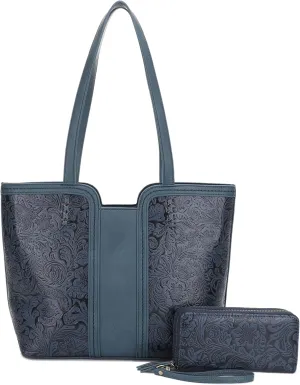 JESSIE & JAMES | Cassidy Tooled Women Concealed Carry Tote Bag with Lock and Key, Top Handle Shoulder Bag with Wristlet