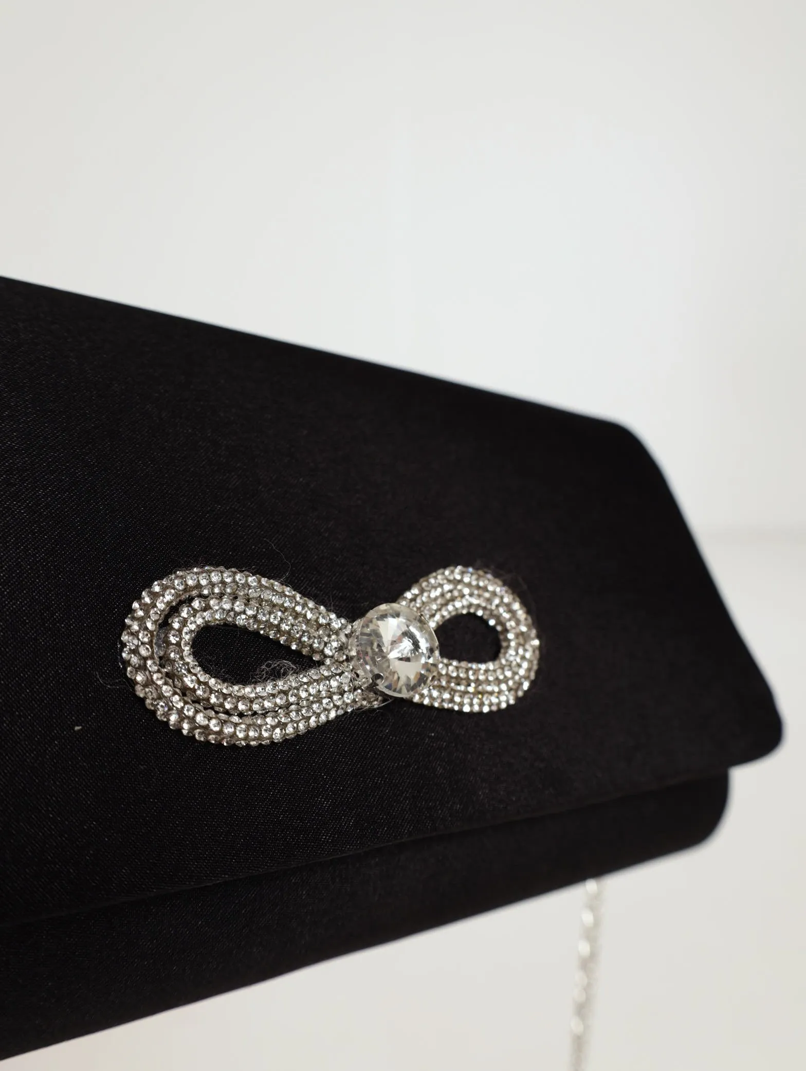 Jewel Bow Satin Clutch Bag - Black