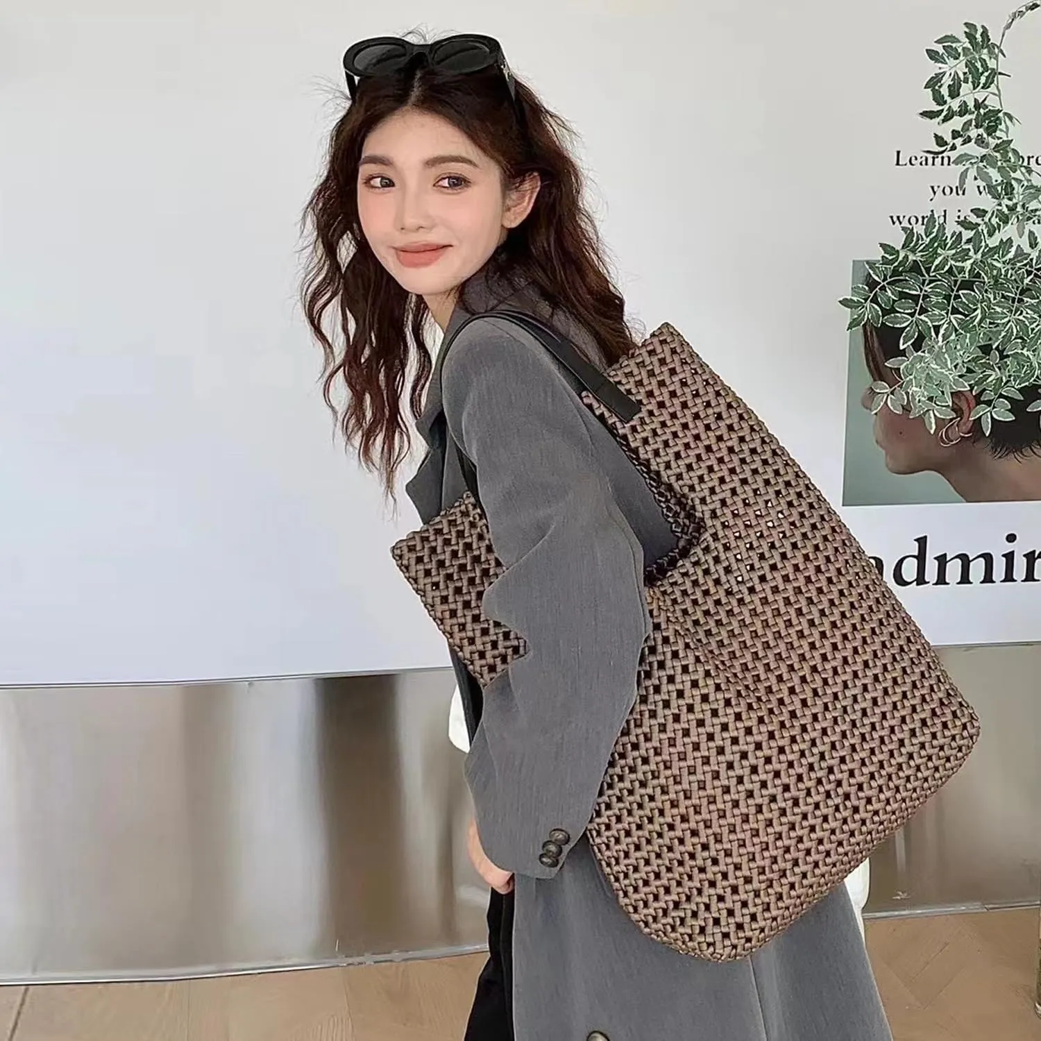 JINMANXUE Leather Satin Woven Tote Bag for Women Hollow Out Handbag 2 Pcs Set Female Shoulder Bag Shopper Bag Fashion Clutch