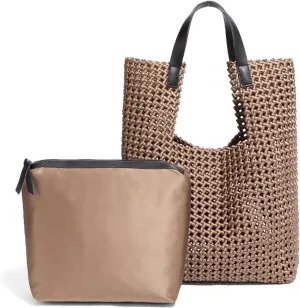 JINMANXUE Leather Satin Woven Tote Bag for Women Hollow Out Handbag 2 Pcs Set Female Shoulder Bag Shopper Bag Fashion Clutch