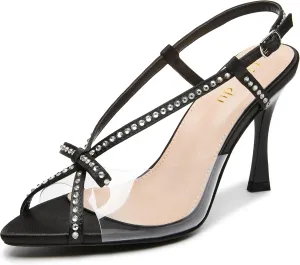 Jiu du Women's Bow Heels Pointed Open Toe Rhiestone Heeled Sandals Slingback High Heels Party Wedding Dressy Pumps