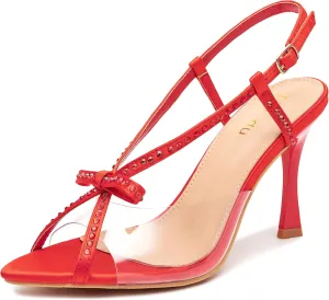 Jiu du Women's Bow Heels Pointed Open Toe Rhiestone Heeled Sandals Slingback High Heels Party Wedding Dressy Pumps
