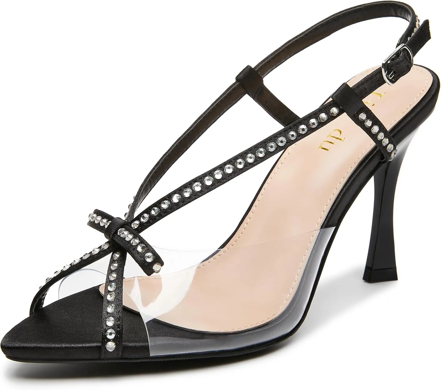 Jiu du Women's Bow Heels Pointed Open Toe Rhiestone Heeled Sandals Slingback High Heels Party Wedding Dressy Pumps