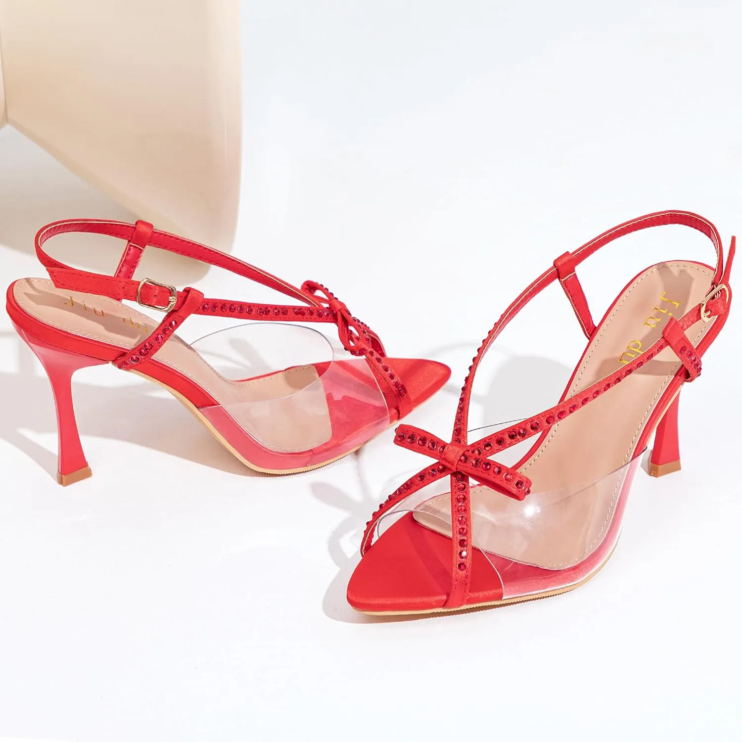 Jiu du Women's Bow Heels Pointed Open Toe Rhiestone Heeled Sandals Slingback High Heels Party Wedding Dressy Pumps