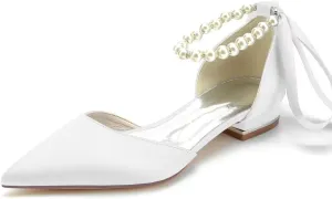 JOEupin Women Pointed Toe Pearl Wedding Flats Satin Flat Bridal Shoes for Bride Prom Evening Bridal Party Dress Flats