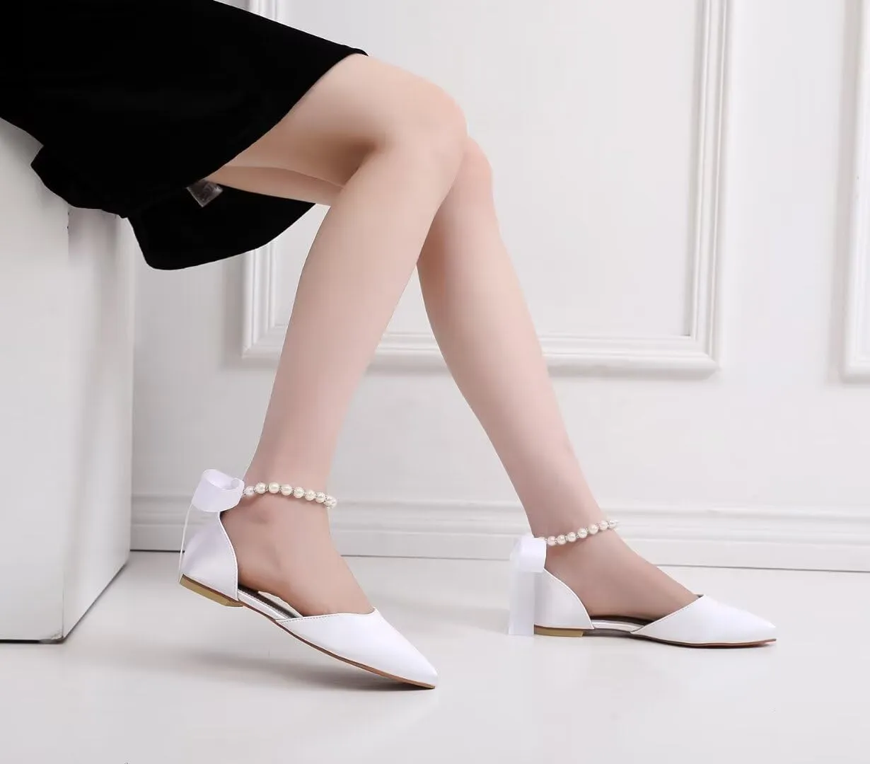 JOEupin Women Pointed Toe Pearl Wedding Flats Satin Flat Bridal Shoes for Bride Prom Evening Bridal Party Dress Flats