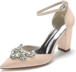 JOEupin Women's Crystal Block Heel Sandals Ankle Strap Bridal Wedding Dress Shoes High Heel Evening Pump Sandals