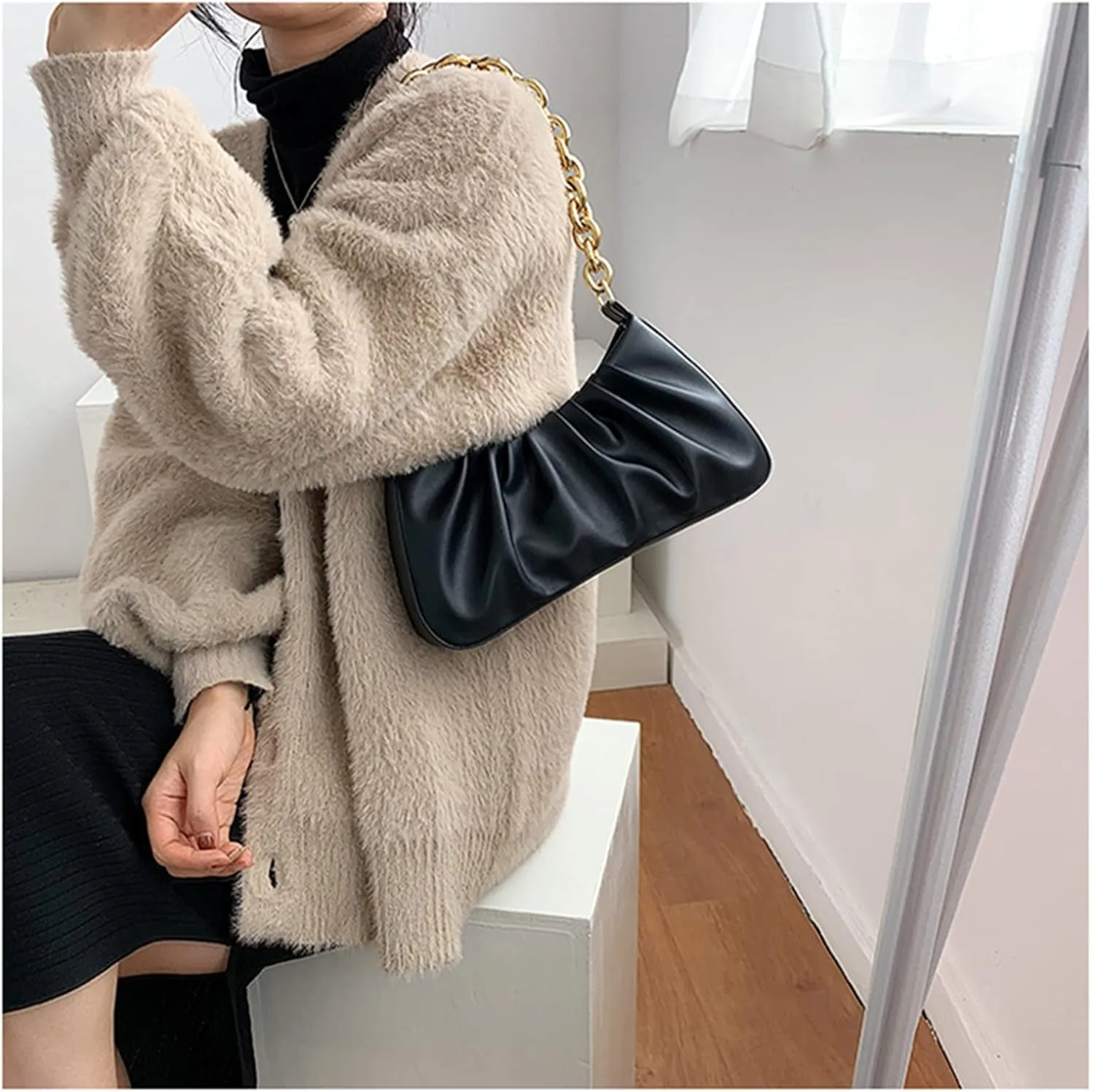 JOLLQUE Shoulder Bag for Women,Small Leather Dumpling Bags Handbag Purse,Gold Chain Evening Clutch Purses