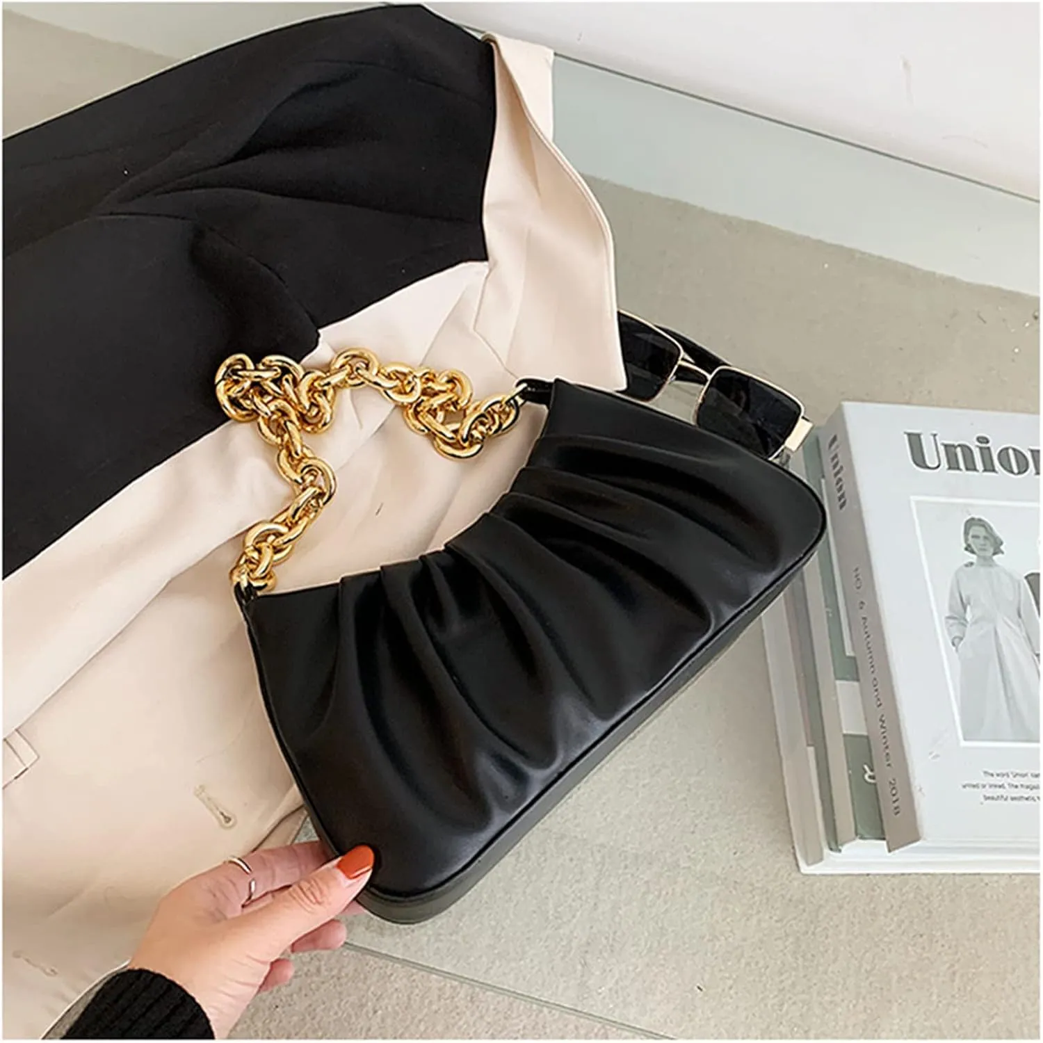 JOLLQUE Shoulder Bag for Women,Small Leather Dumpling Bags Handbag Purse,Gold Chain Evening Clutch Purses
