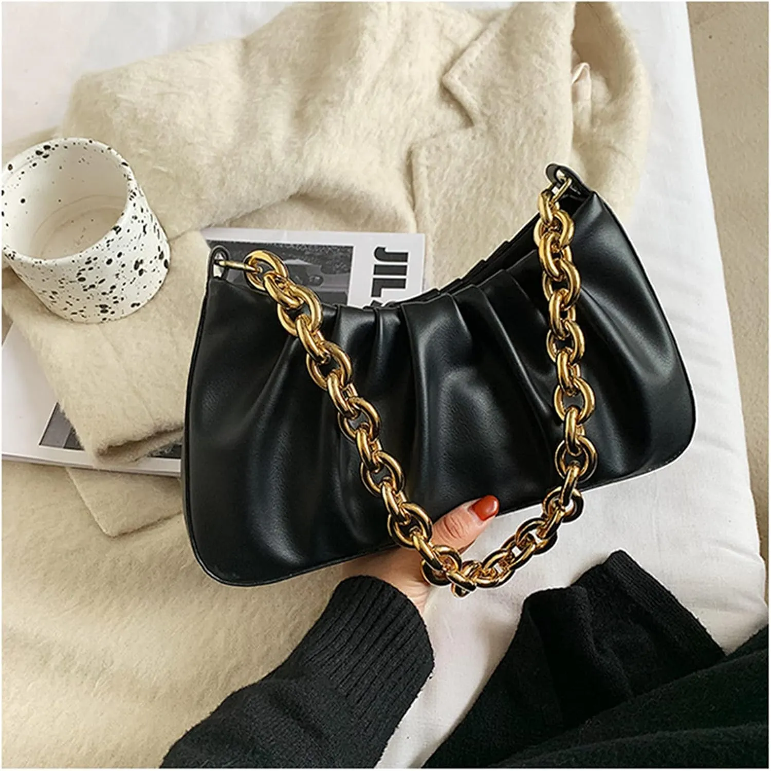 JOLLQUE Shoulder Bag for Women,Small Leather Dumpling Bags Handbag Purse,Gold Chain Evening Clutch Purses