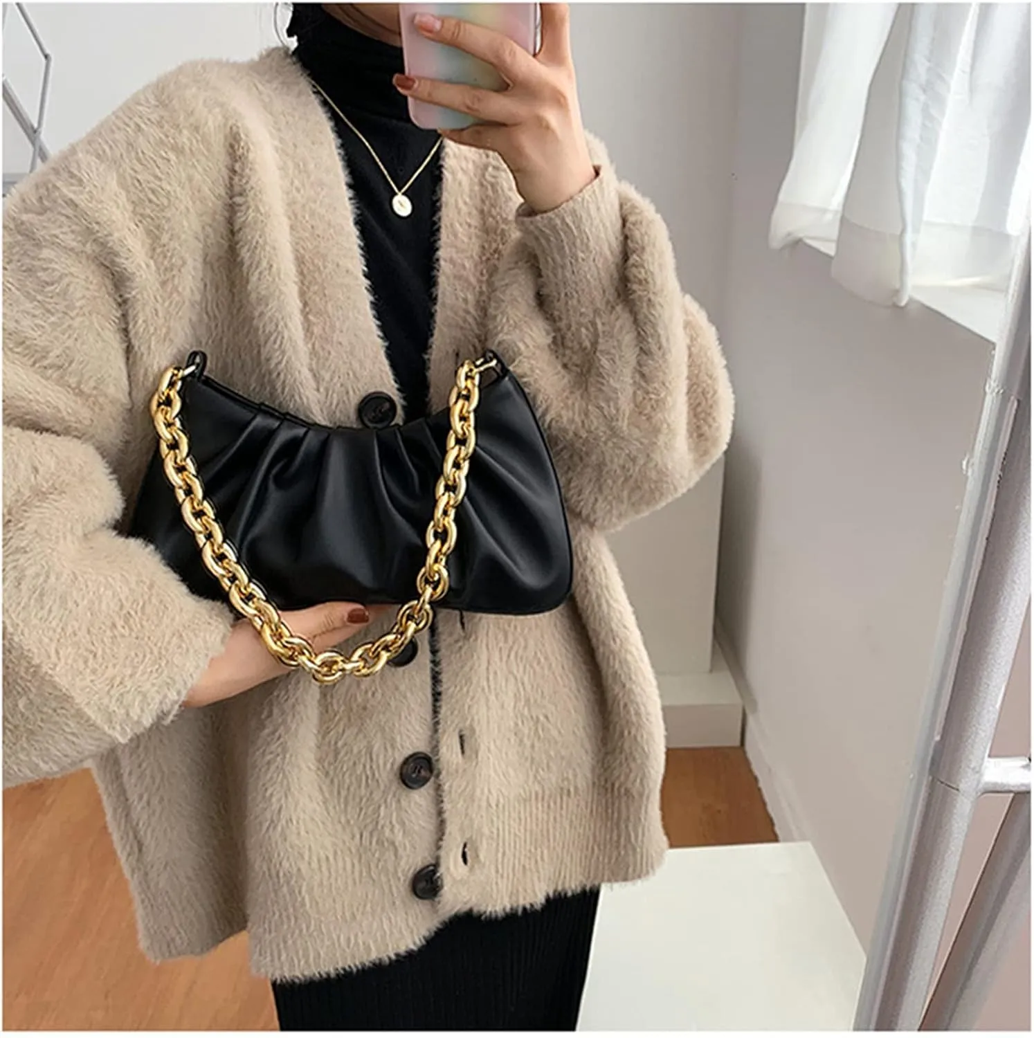 JOLLQUE Shoulder Bag for Women,Small Leather Dumpling Bags Handbag Purse,Gold Chain Evening Clutch Purses