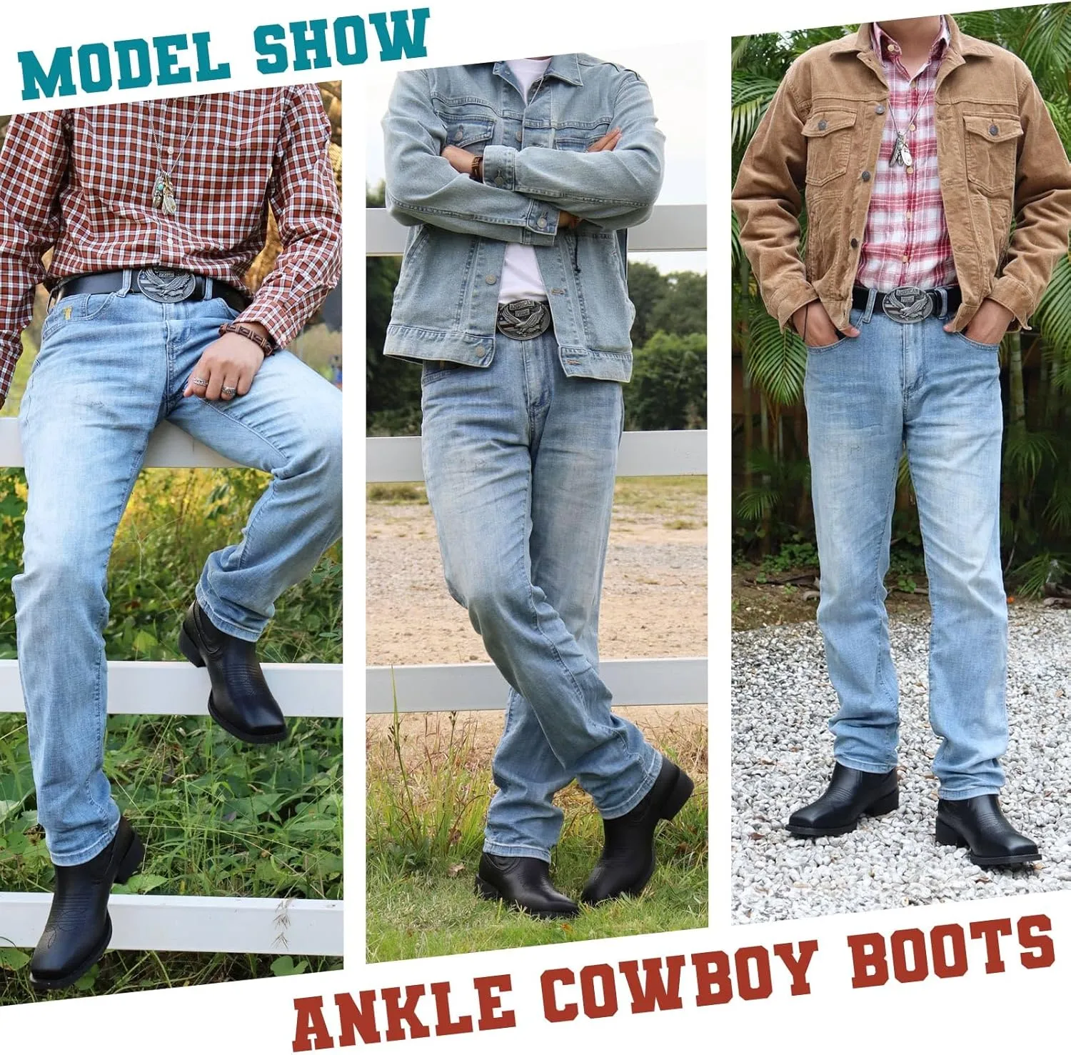 J's.o.l.e Cowboy Boots for Men Western Square Toe Ankle Chelsea Boots