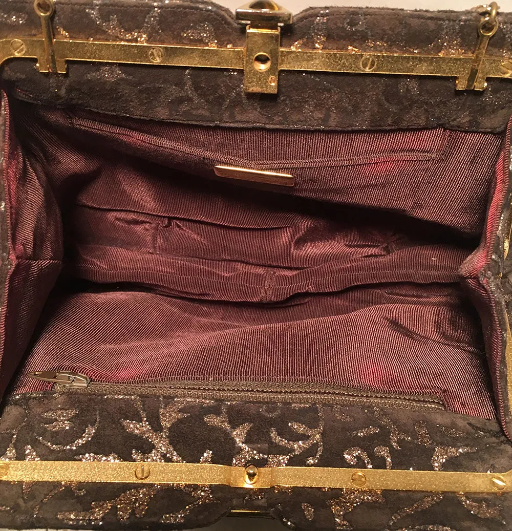 Judith Leiber Vintage Brown Suede Gold Glitter Embossed Clutch