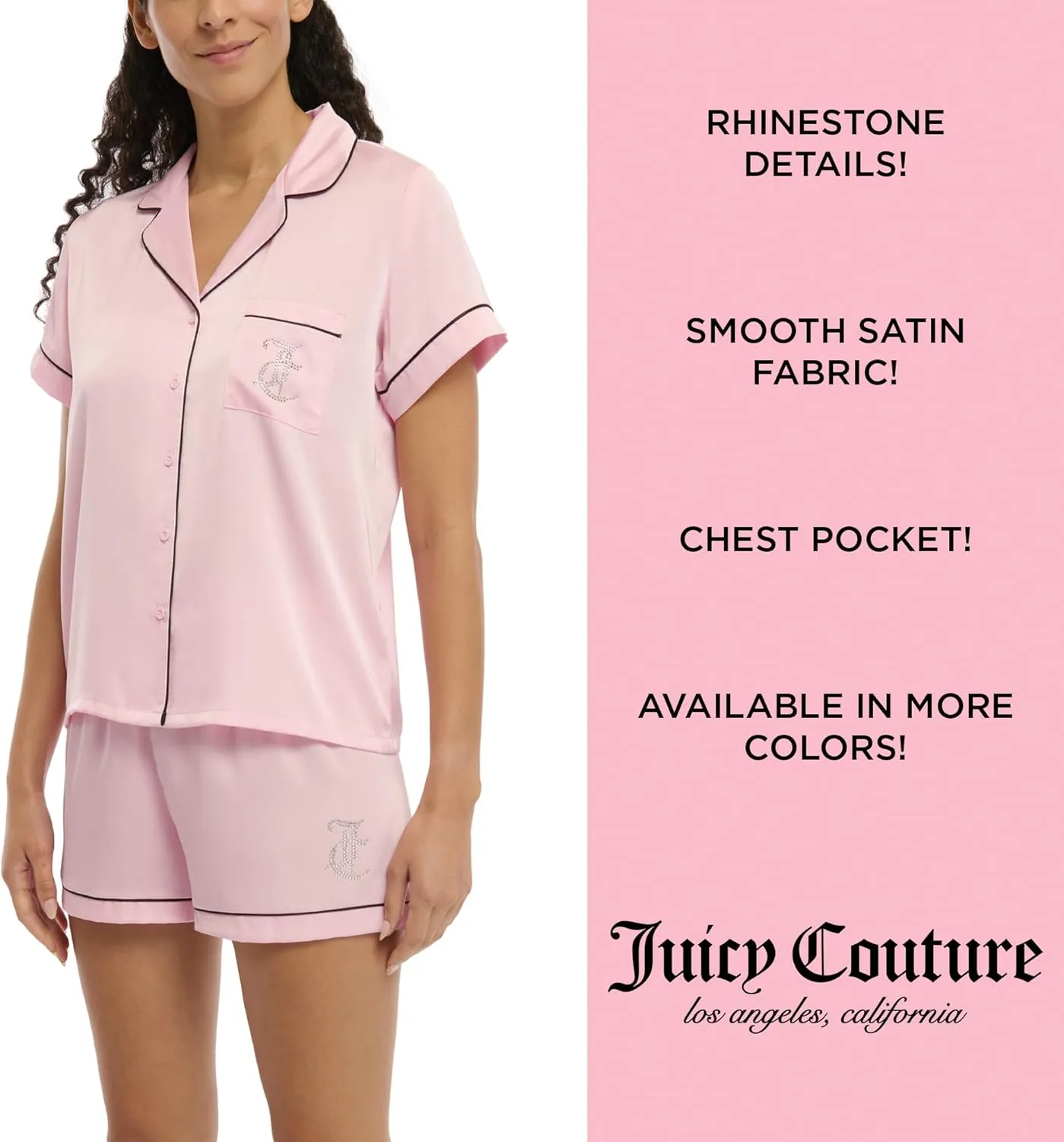 Juicy Couture Women's 2 Piece Satin Notch Collar Button Down Shirt and Pajama Shorts Lounge and Sleepwear Set
