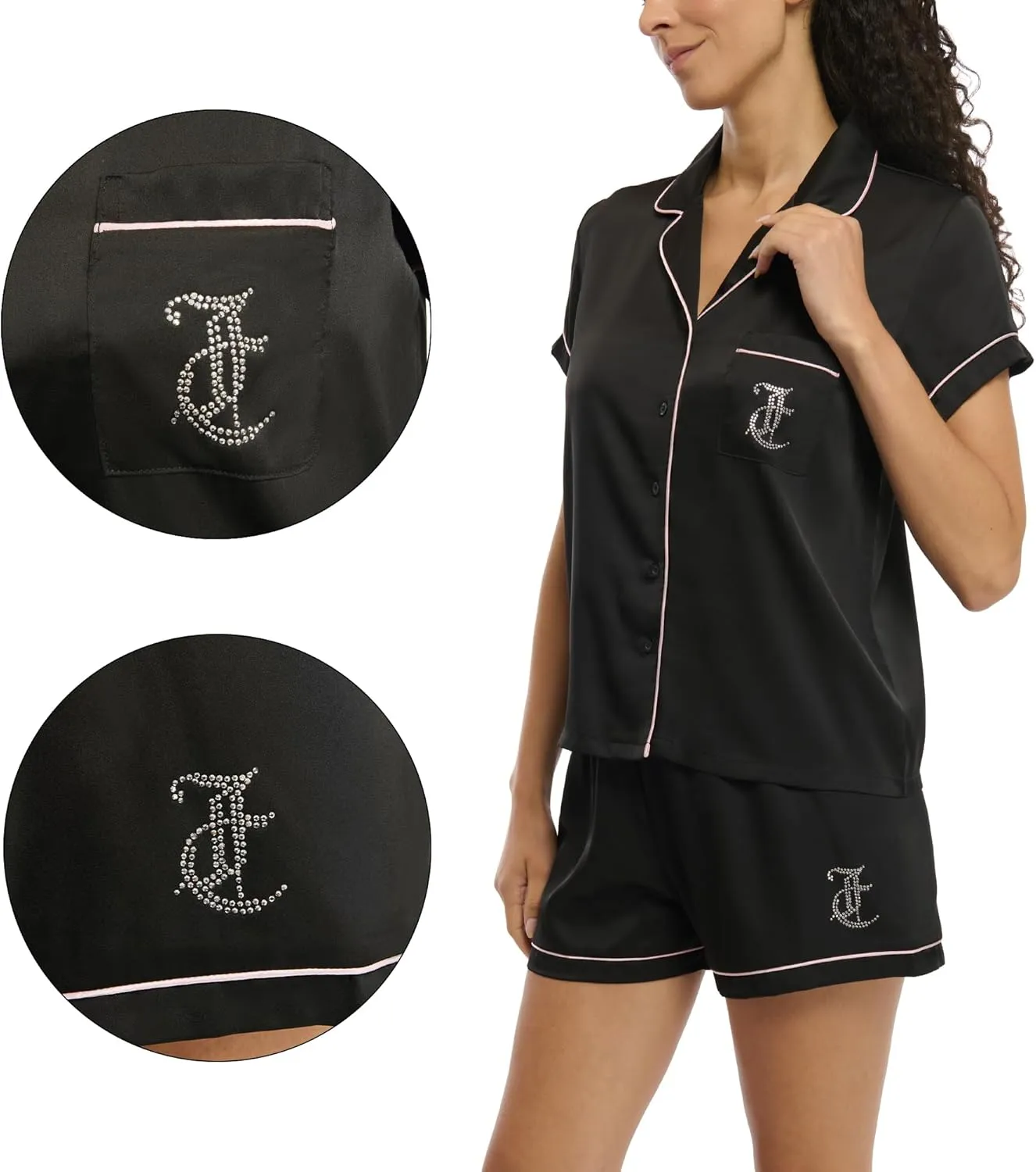 Juicy Couture Women's 2 Piece Satin Notch Collar Button Down Shirt and Pajama Shorts Lounge and Sleepwear Set