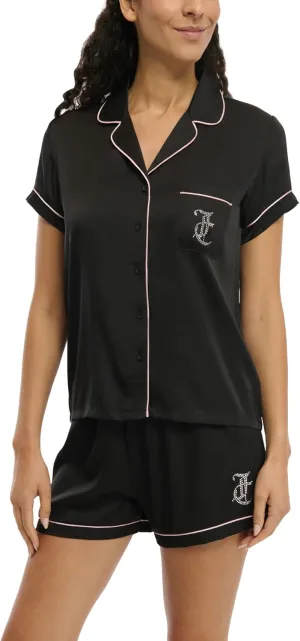 Juicy Couture Women's 2 Piece Satin Notch Collar Button Down Shirt and Pajama Shorts Lounge and Sleepwear Set