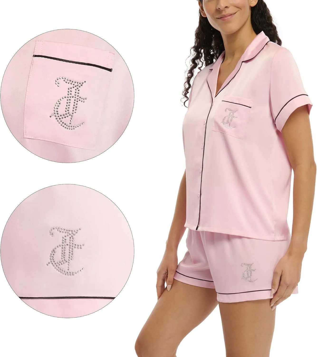Juicy Couture Women's 2 Piece Satin Notch Collar Button Down Shirt and Pajama Shorts Lounge and Sleepwear Set