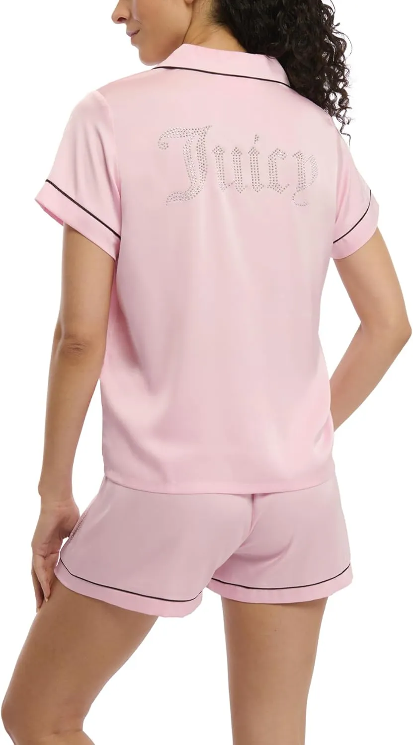 Juicy Couture Women's 2 Piece Satin Notch Collar Button Down Shirt and Pajama Shorts Lounge and Sleepwear Set