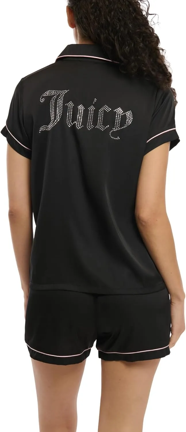 Juicy Couture Women's 2 Piece Satin Notch Collar Button Down Shirt and Pajama Shorts Lounge and Sleepwear Set