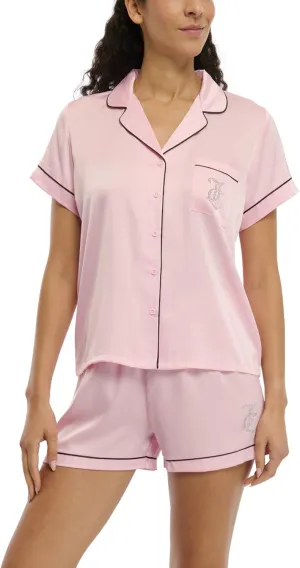Juicy Couture Women's 2 Piece Satin Notch Collar Button Down Shirt and Pajama Shorts Lounge and Sleepwear Set