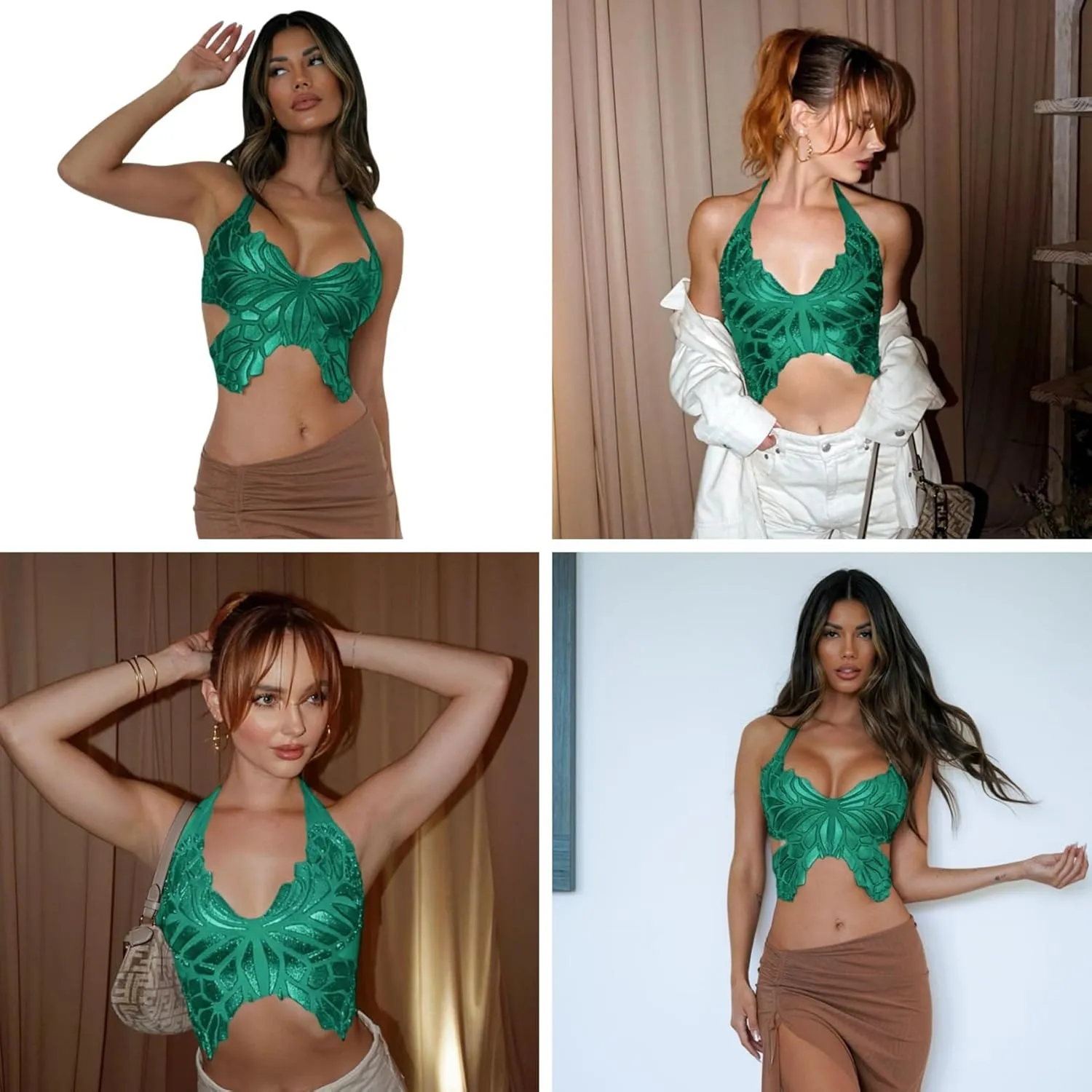 JUMISEE Women Sparkly Rhinestone Butterfly Crop Top Sexy Satin V Neck Bakless Lace Up Cami Tank Top for Rave Festival
