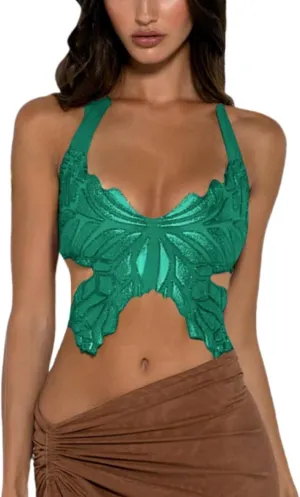 JUMISEE Women Sparkly Rhinestone Butterfly Crop Top Sexy Satin V Neck Bakless Lace Up Cami Tank Top for Rave Festival