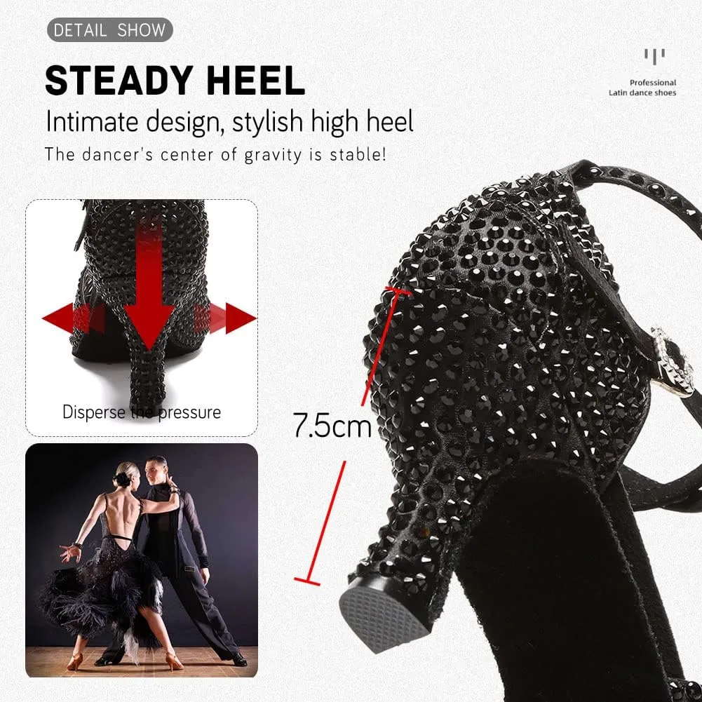 JUODVMP Women's Latin Dance Shoes Rhinestones Satin Ballroom Dancing Shoes Salsa Professional Dance Shoes