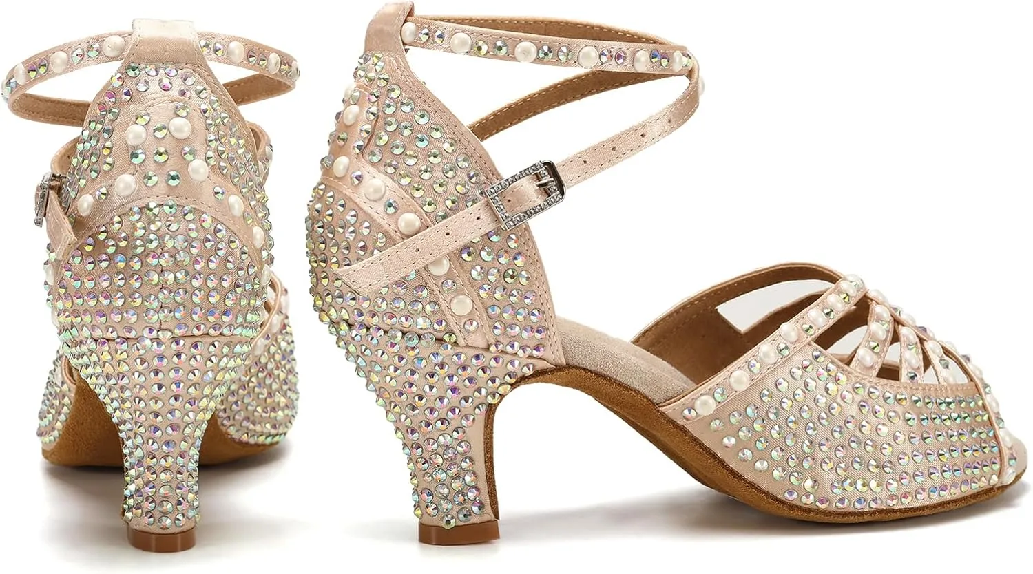 JUODVMP Women's Latin Dance Shoes Rhinestones Satin Ballroom Dancing Shoes Salsa Professional Dance Shoes