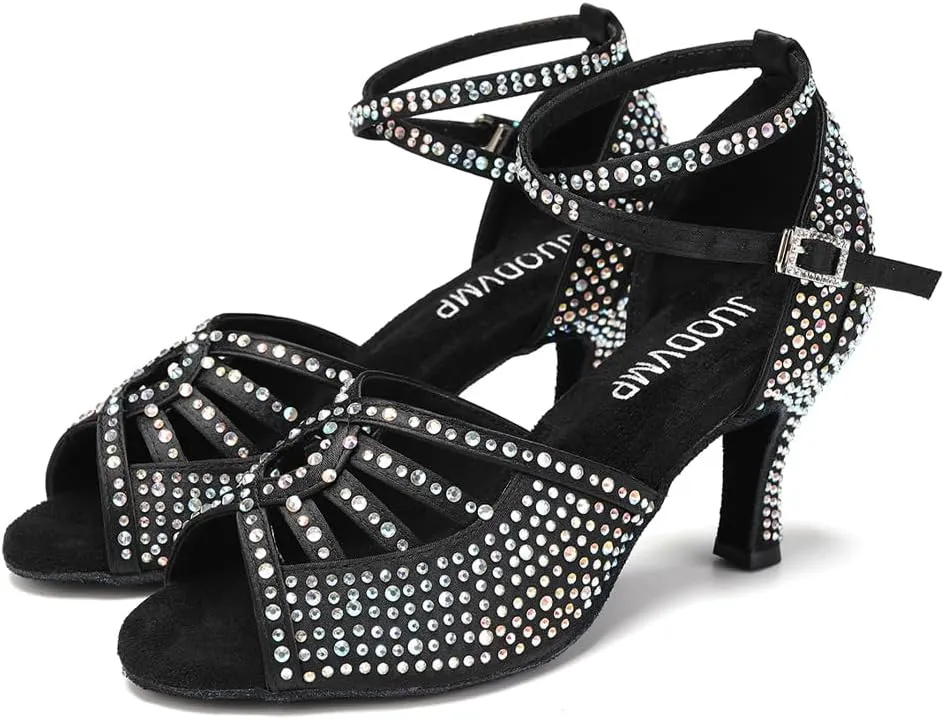JUODVMP Women's Latin Dance Shoes Rhinestones Satin Ballroom Dancing Shoes Salsa Professional Dance Shoes