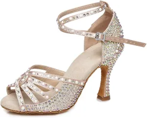 JUODVMP Women's Latin Dance Shoes Rhinestones Satin Ballroom Dancing Shoes Salsa Professional Dance Shoes