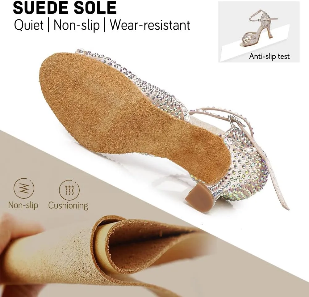 JUODVMP Women's Latin Dance Shoes Rhinestones Satin Ballroom Dancing Shoes Salsa Professional Dance Shoes