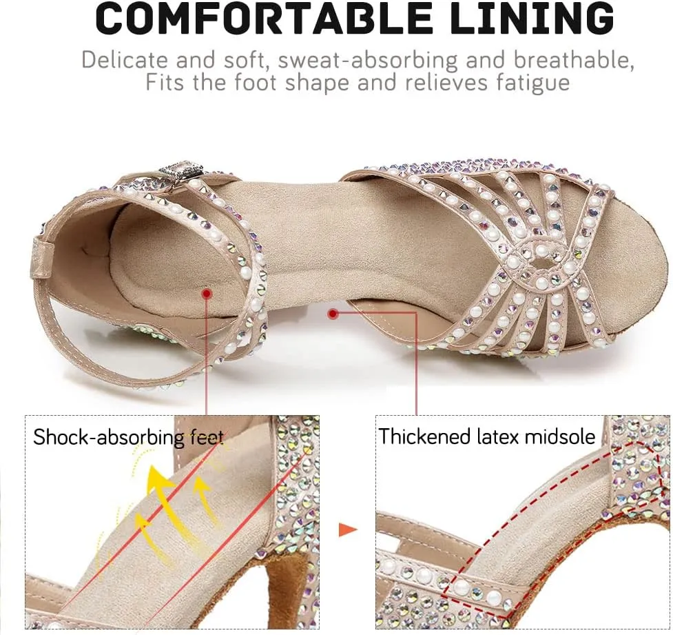 JUODVMP Women's Latin Dance Shoes Rhinestones Satin Ballroom Dancing Shoes Salsa Professional Dance Shoes