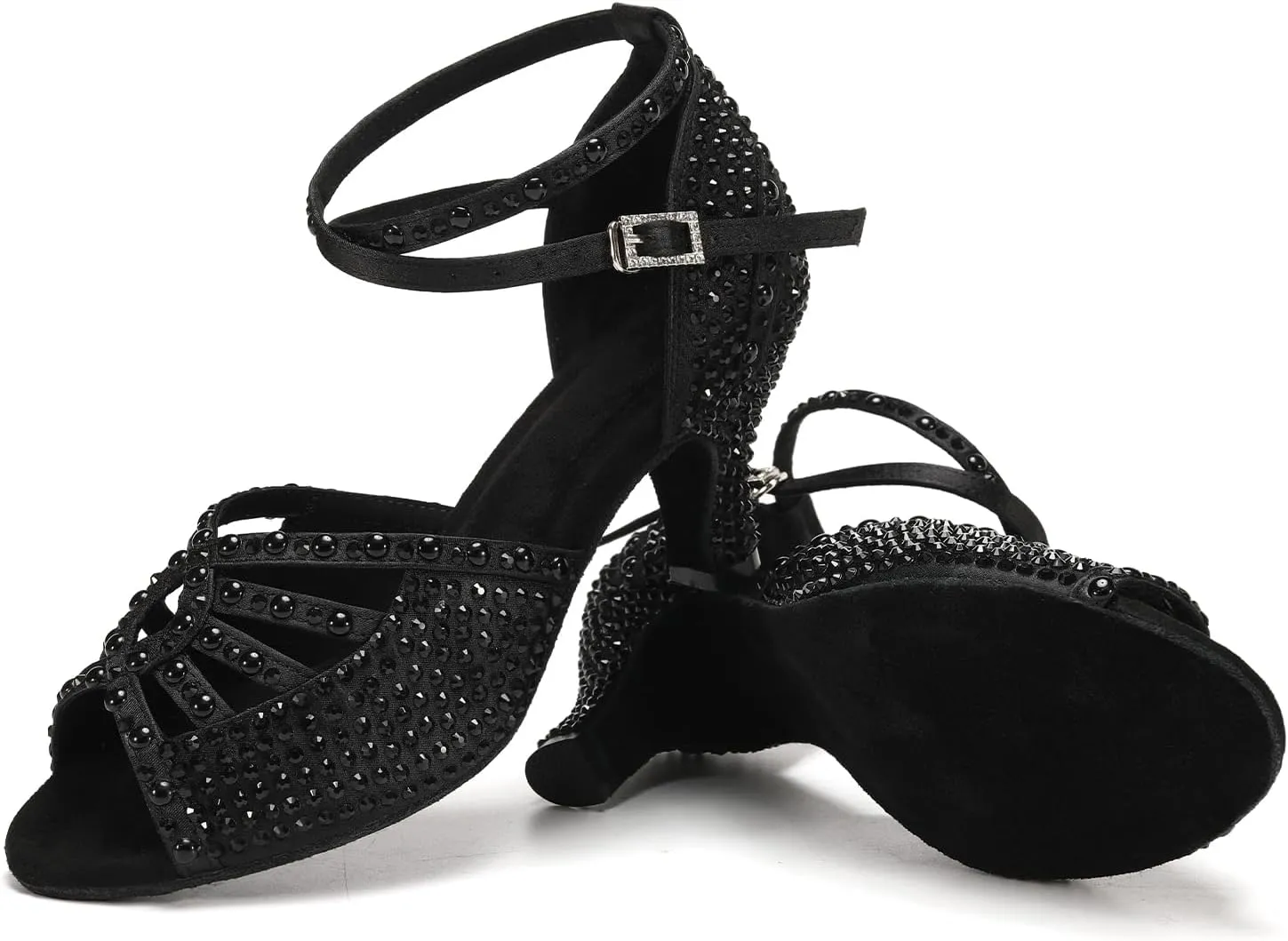 JUODVMP Women's Latin Dance Shoes Rhinestones Satin Ballroom Dancing Shoes Salsa Professional Dance Shoes