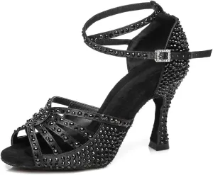 JUODVMP Women's Latin Dance Shoes Rhinestones Satin Ballroom Dancing Shoes Salsa Professional Dance Shoes