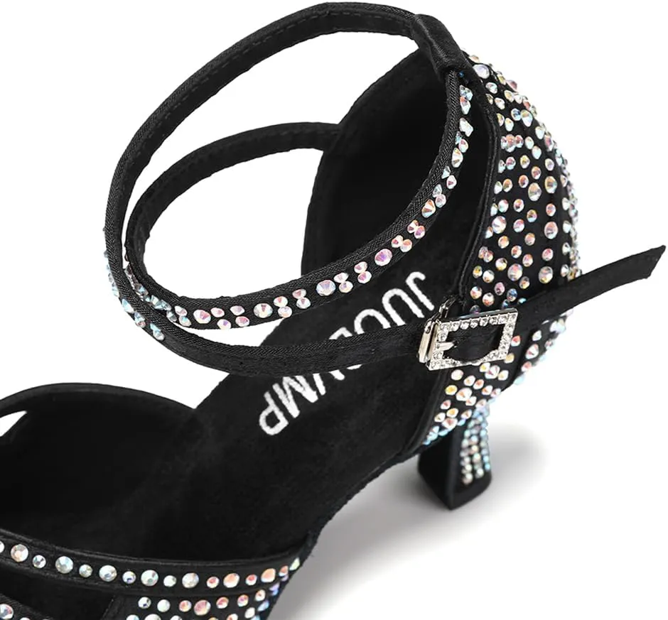 JUODVMP Women's Latin Dance Shoes Rhinestones Satin Ballroom Dancing Shoes Salsa Professional Dance Shoes
