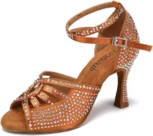 JUODVMP Women's Latin Dance Shoes Rhinestones Satin Ballroom Dancing Shoes Salsa Professional Dance Shoes