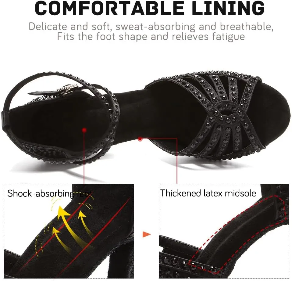 JUODVMP Women's Latin Dance Shoes Rhinestones Satin Ballroom Dancing Shoes Salsa Professional Dance Shoes