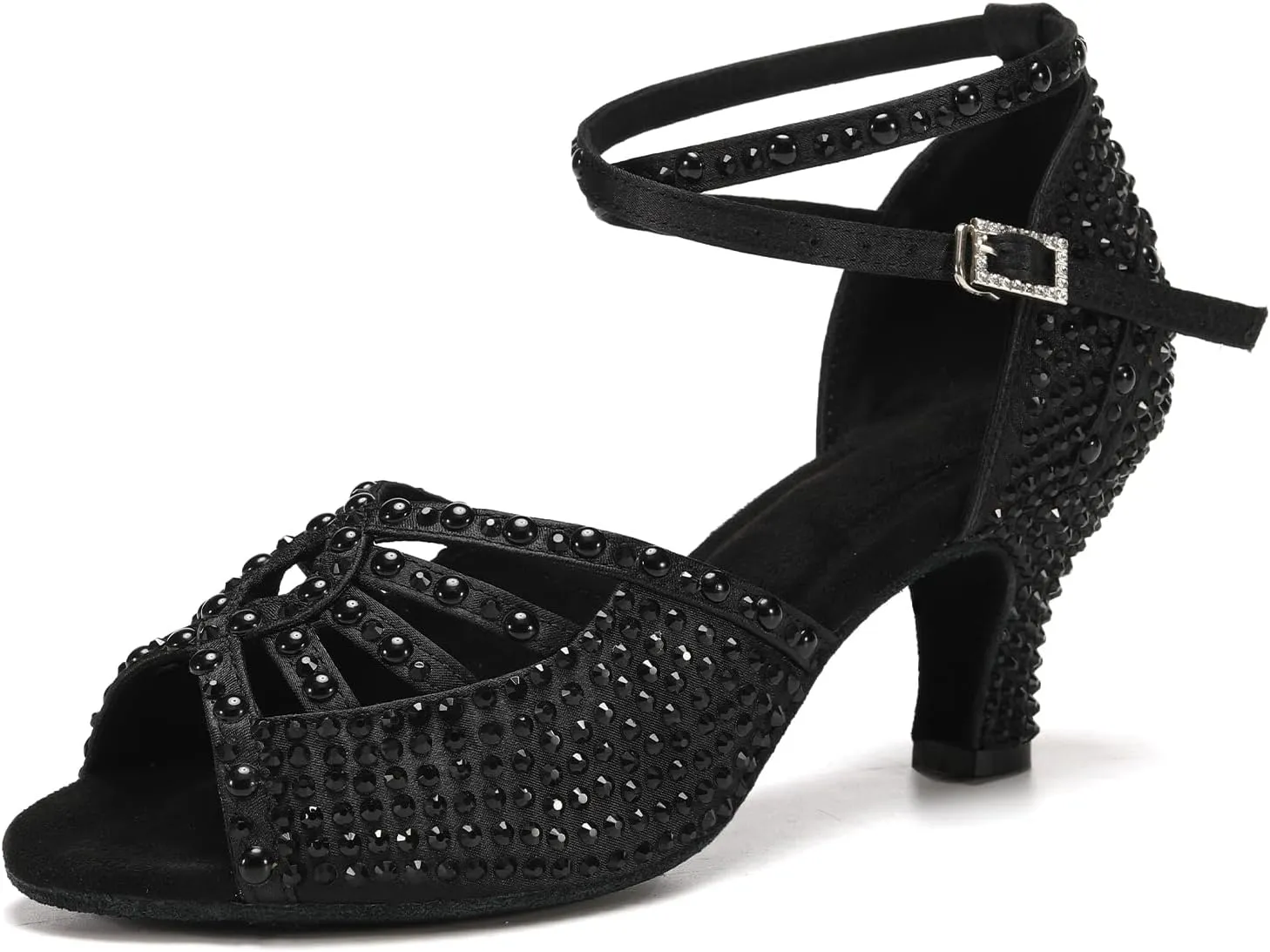 JUODVMP Women's Latin Dance Shoes Rhinestones Satin Ballroom Dancing Shoes Salsa Professional Dance Shoes