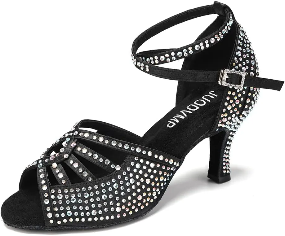 JUODVMP Women's Latin Dance Shoes Rhinestones Satin Ballroom Dancing Shoes Salsa Professional Dance Shoes