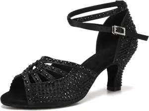 JUODVMP Women's Latin Dance Shoes Rhinestones Satin Ballroom Dancing Shoes Salsa Professional Dance Shoes