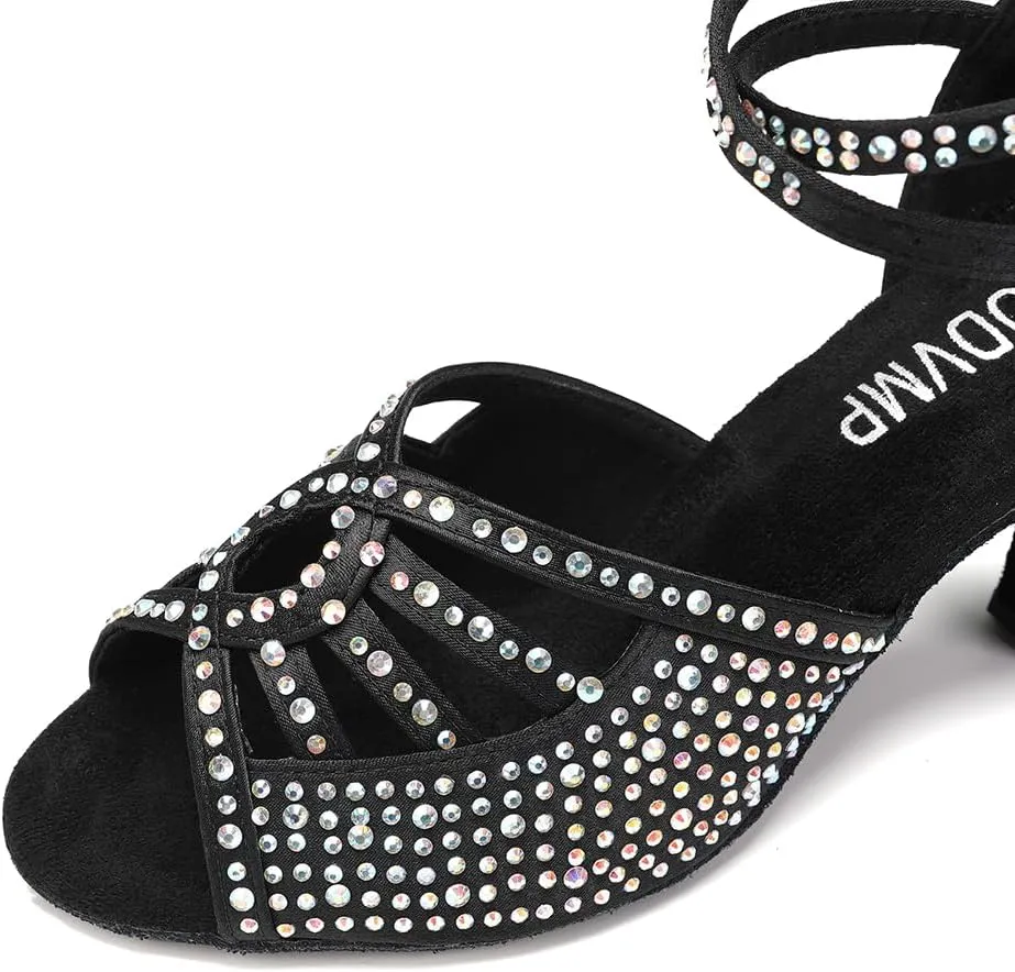JUODVMP Women's Latin Dance Shoes Rhinestones Satin Ballroom Dancing Shoes Salsa Professional Dance Shoes