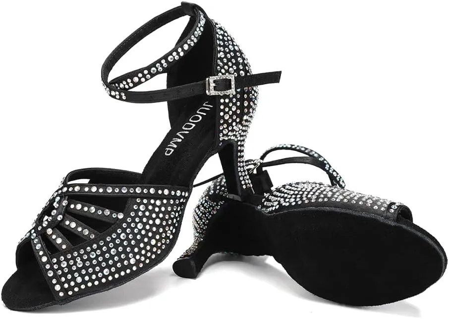 JUODVMP Women's Latin Dance Shoes Rhinestones Satin Ballroom Dancing Shoes Salsa Professional Dance Shoes