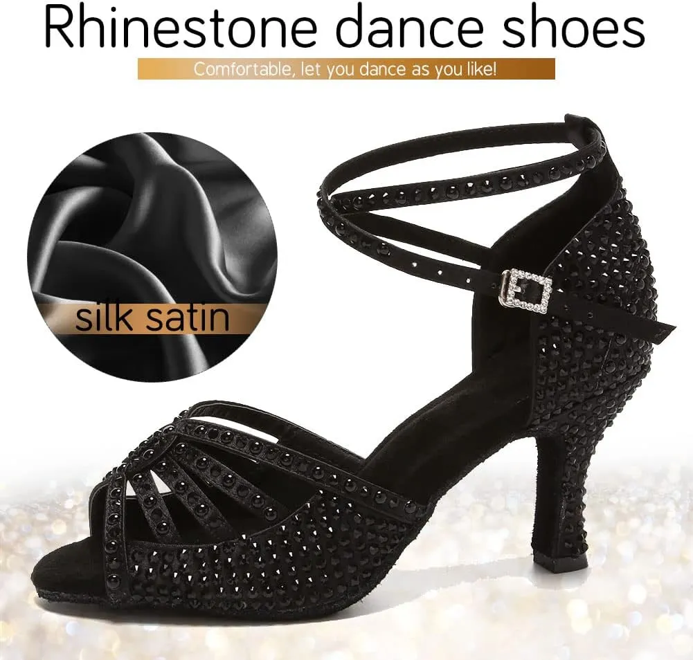 JUODVMP Women's Latin Dance Shoes Rhinestones Satin Ballroom Dancing Shoes Salsa Professional Dance Shoes