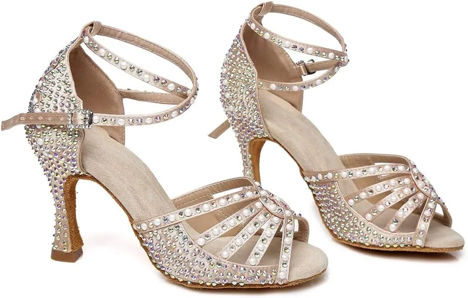 JUODVMP Women's Latin Dance Shoes Rhinestones Satin Ballroom Dancing Shoes Salsa Professional Dance Shoes