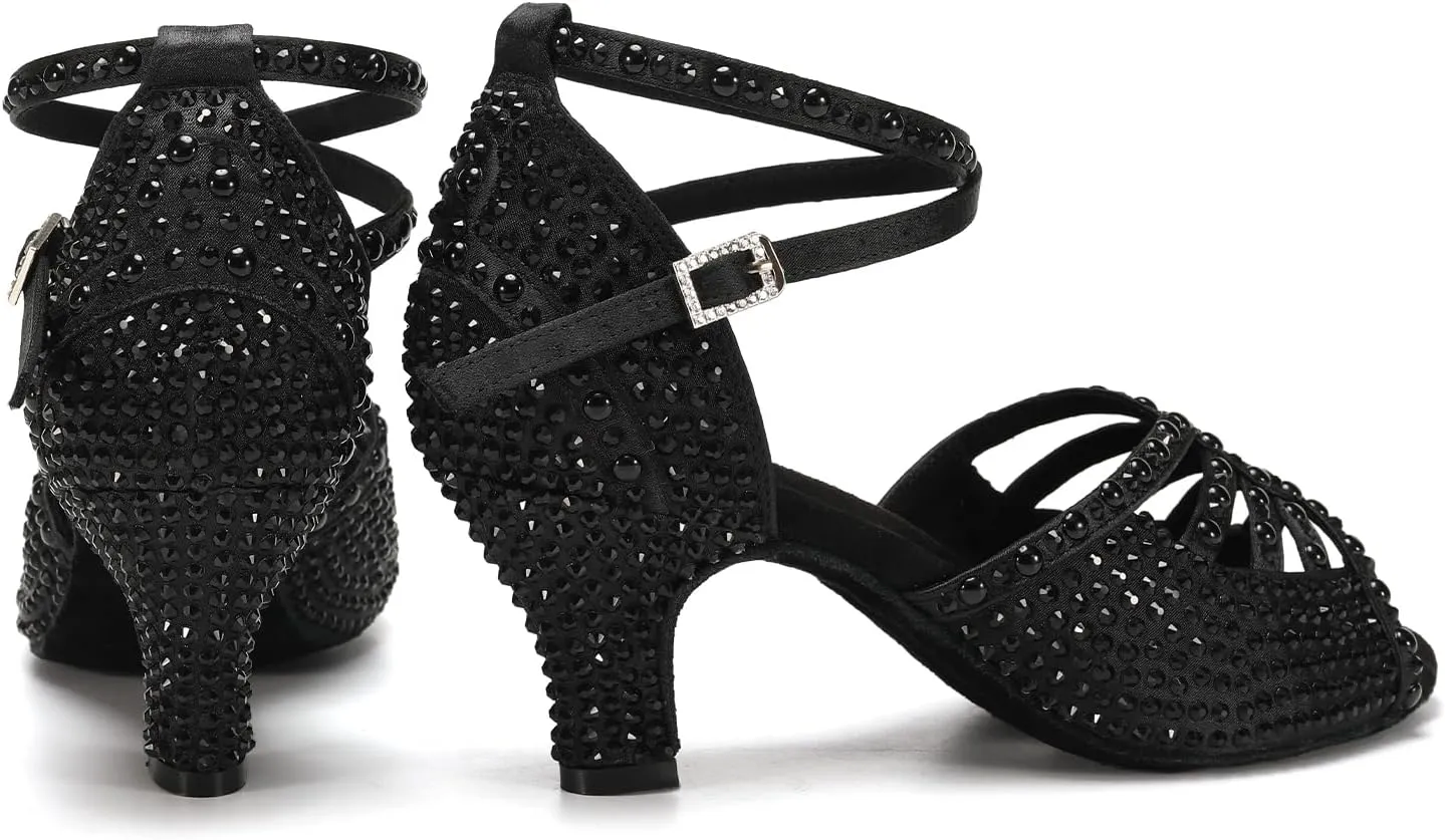 JUODVMP Women's Latin Dance Shoes Rhinestones Satin Ballroom Dancing Shoes Salsa Professional Dance Shoes