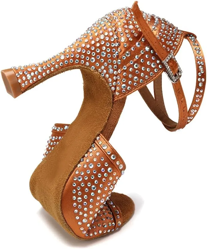 JUODVMP Women's Latin Dance Shoes Rhinestones Satin Ballroom Dancing Shoes Salsa Professional Dance Shoes