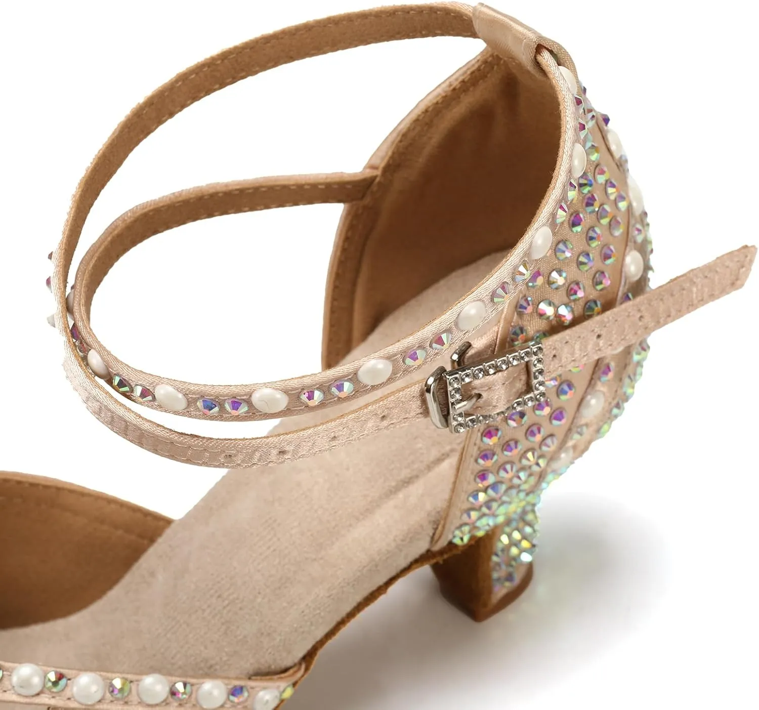 JUODVMP Women's Latin Dance Shoes Rhinestones Satin Ballroom Dancing Shoes Salsa Professional Dance Shoes